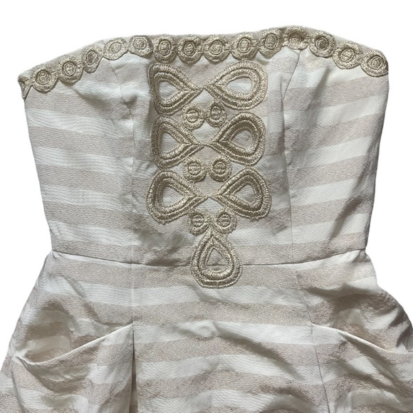 Lilly Pulitzer Blossom Cream Gold Striped Embroidered Strapless Silk Dre… - Picture 9 of 14